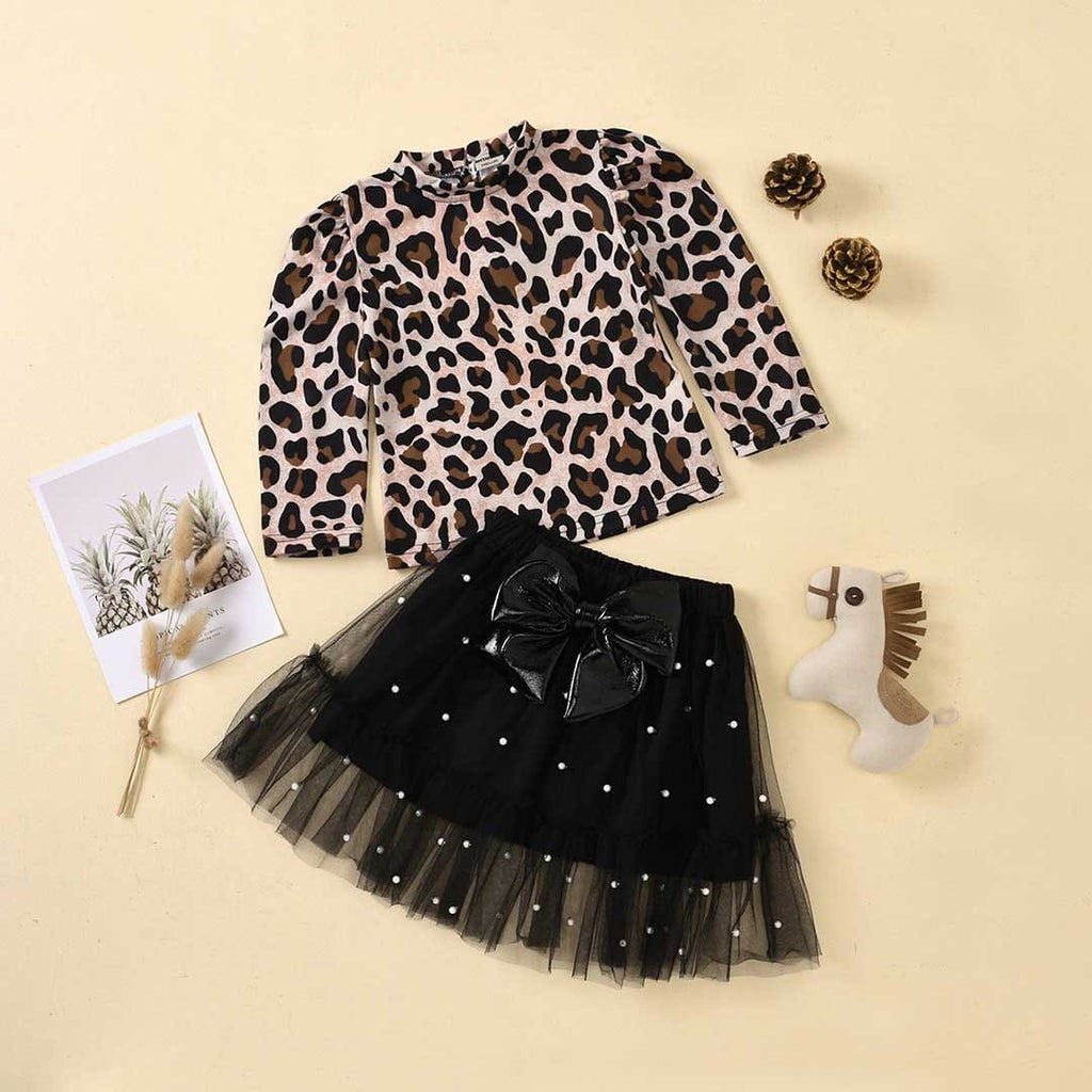 Girls Animal Print Top with Beaded Tulle Skirt Set
