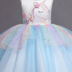 Girls Sky Blue Unicorn Embroidered Sleeveless Fit & Flare Party Wear Dress Party Dresses