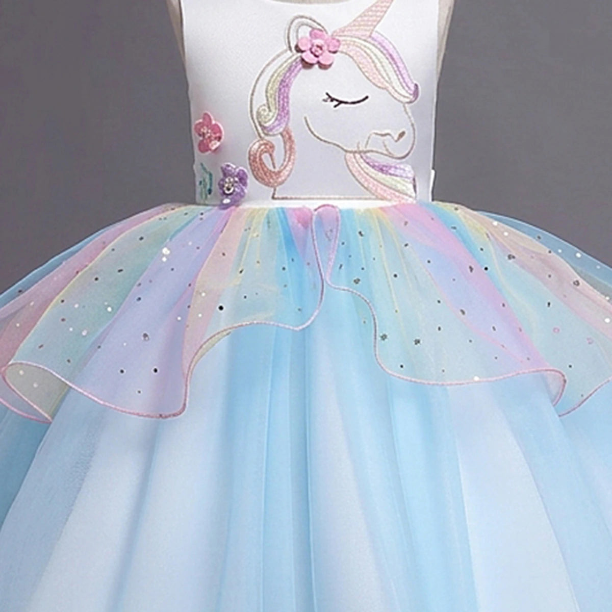 Girls Sky Blue Unicorn Embroidered Sleeveless Fit & Flare Party Wear Dress Party Dresses