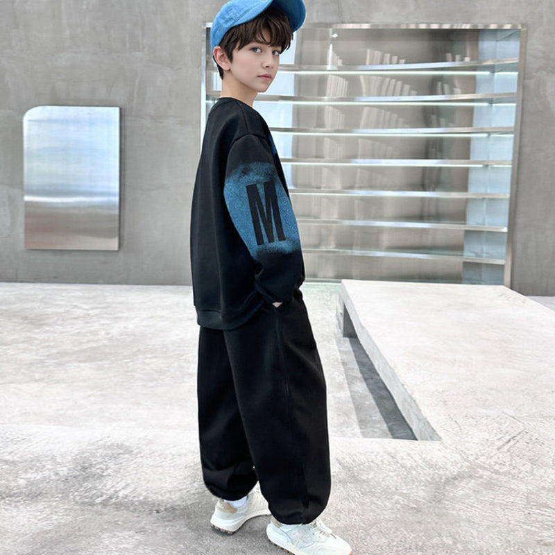 Boys Black Typographic Printed Sweatshirt With Jogger Winter Co-ord Sets 2 pc. Sets
