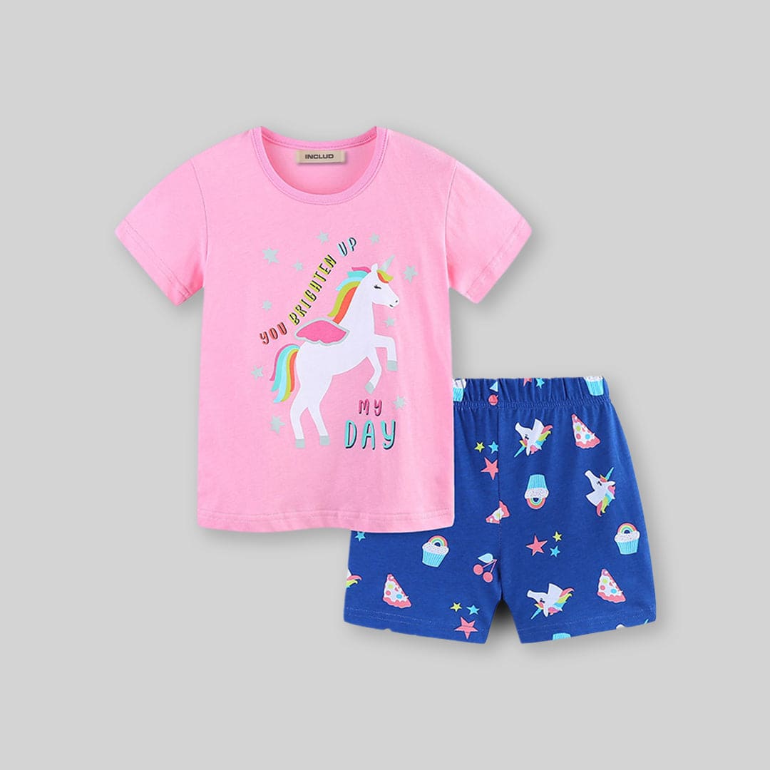 Girls Unicorn Print T-Shirt With Printed Shorts Set Sets   