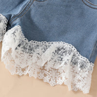 Girls White Floral Embroidered Top & Denim Shorts With Lace Trim Sets Sets