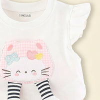 Girls White Kitty Applique Top With Shorts Sets Sets