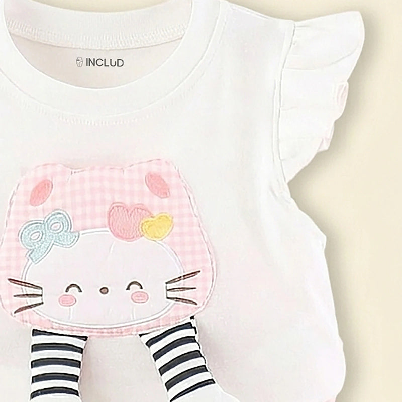 Girls White Kitty Applique Top With Shorts Sets Sets