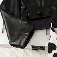 Girls Black Heart Print Fit & Flare Dress With Faux Leather Jacket Casual Dresses