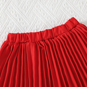 Girls Red Flower Applique Short Sleeves Top With Pleated Skirts Co-ord Sets Sets
