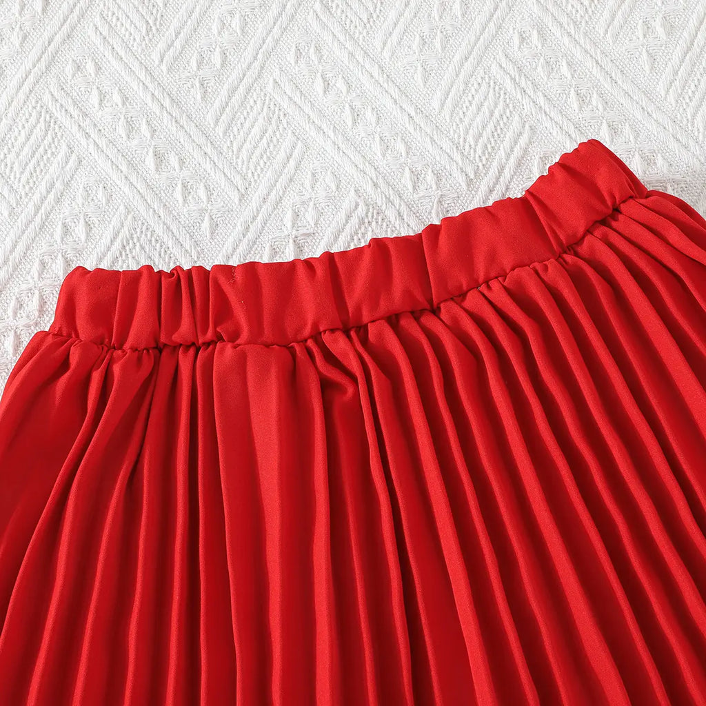 Girls Red Flower Applique Short Sleeves Top With Pleated Skirts Co-ord Sets Sets