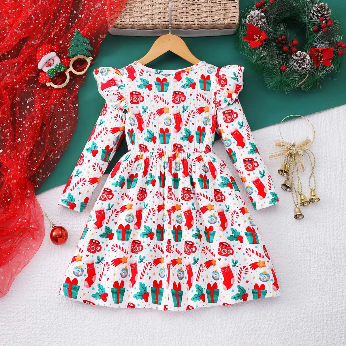 Girls White Christmas-themed Printed Fit & Flare Dress Casual Dresses