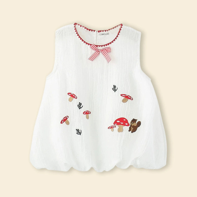 Girls White Mushroom Embroidered A-Line Dress Casual Dresses
