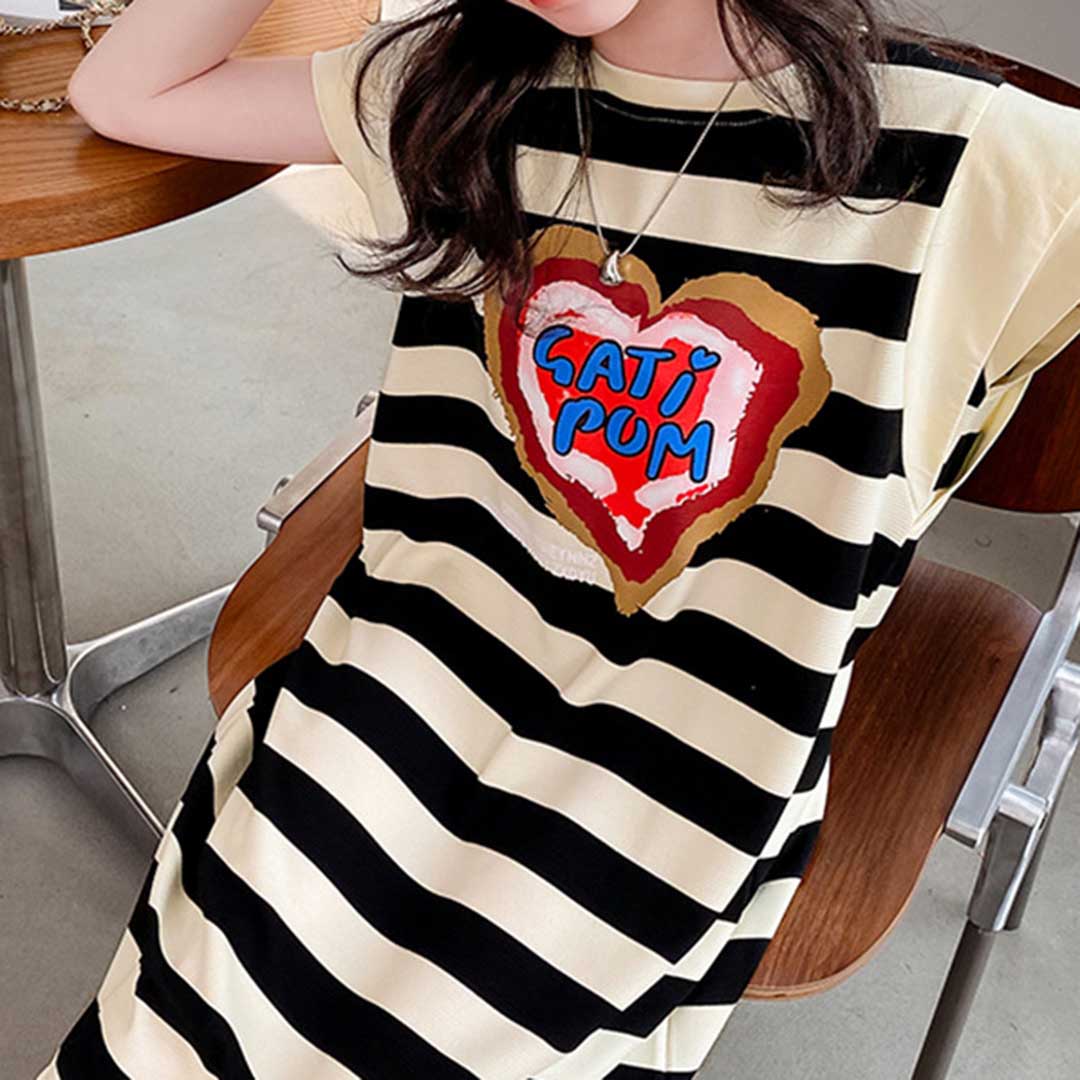 Girls Striped Heart Print Caps Sleeves A-Line Dress Casual Dresses   