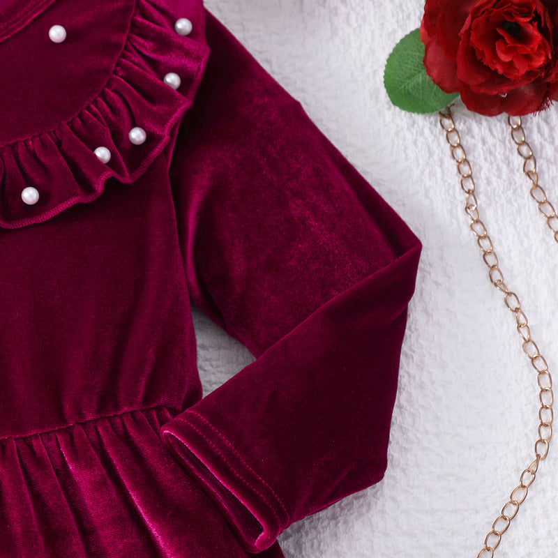 Girls Maroon Solid Velvet Beaded Fit & Flare Dress Casual Dresses