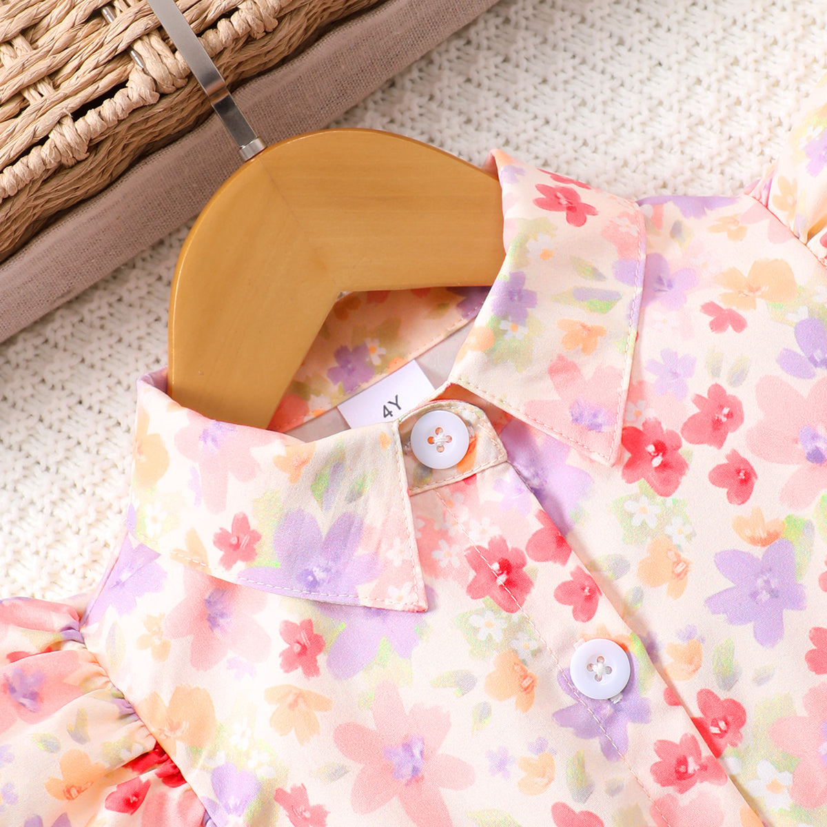 Girls Pink Floral Printed Flared Sleeve Shirt Dress With Belt Casual Dresses
