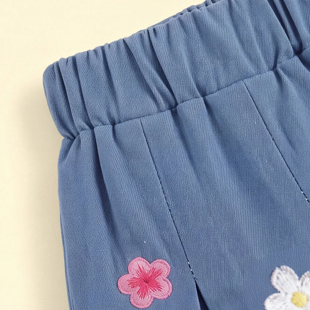 Girls Blue Floral Embroidered Denim Shorts Shorts
