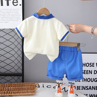 Boys Cream Graphic Printed Polo T-Shirt With Blue Shorts Set 2 pc. Sets