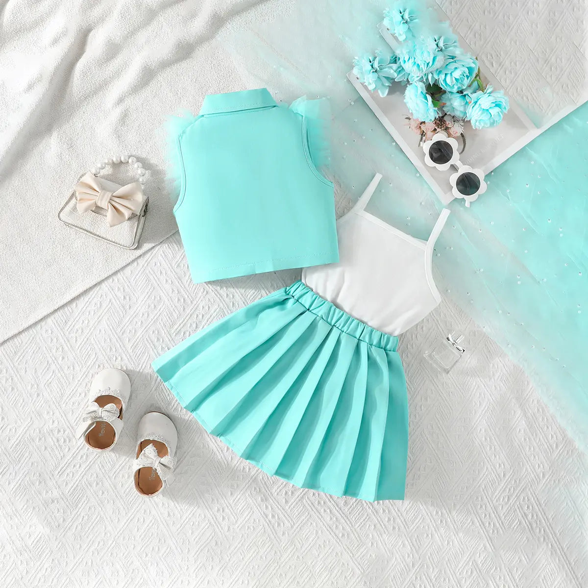 Girls Turquoise Blue Embellished Ruffled Blazer Vest With Pleated Skirt & Camisole Top Sets Sets