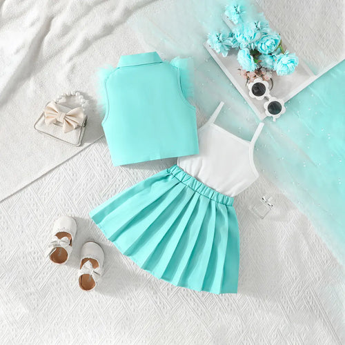 Girls Turquoise Blue Embellished Ruffled Blazer Vest With Pleated Skirt & Camisole Top Sets Sets