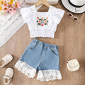 Girls White Floral Embroidered Top & Denim Shorts With Lace Trim Sets Sets White 3-4 Y