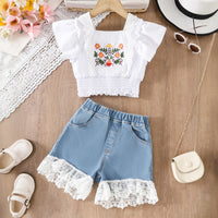 Girls White Floral Embroidered Top & Denim Shorts With Lace Trim Sets Sets White 3-4 Y