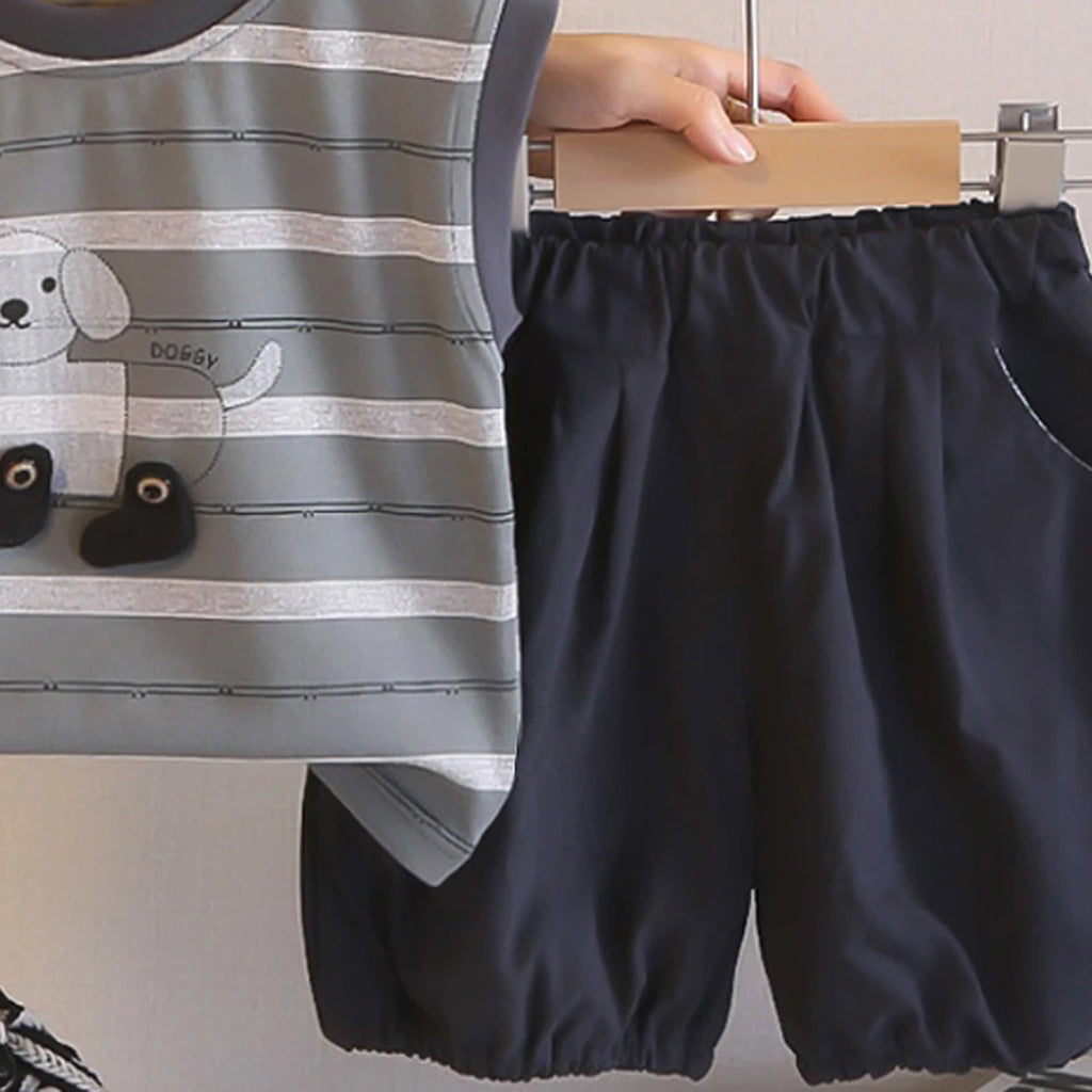 Boys Grey Animal Striped Sleeveless T-Shirt With Elasticated Shorts Sets 2 pc. Sets