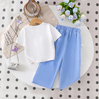 Girls White Bow Applique Short Sleeve T-Shirt With Pants Sets 2 pc. Sets