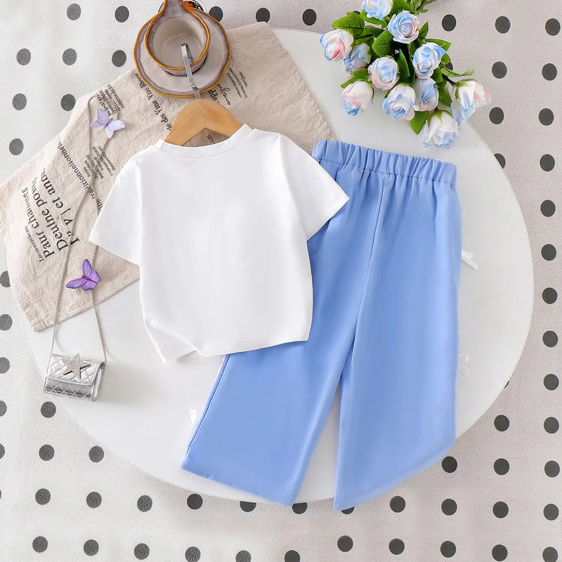 Girls White Bow Applique Short Sleeve T-Shirt With Pants Sets 2 pc. Sets