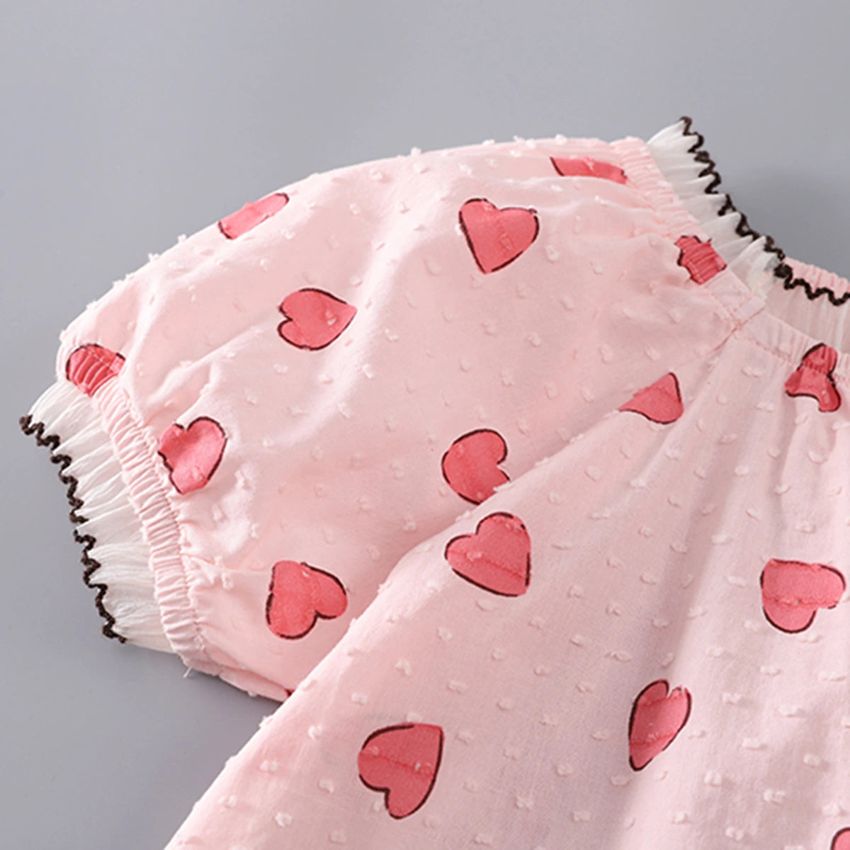 Girls Pink Heart Print Bow Applique Top With Shorts Set Sets