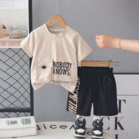 Boys Beige Typographic Printed Short Sleeve T-Shirt With Elasticated Shorts Sets Sets Beige 1-2 Y
