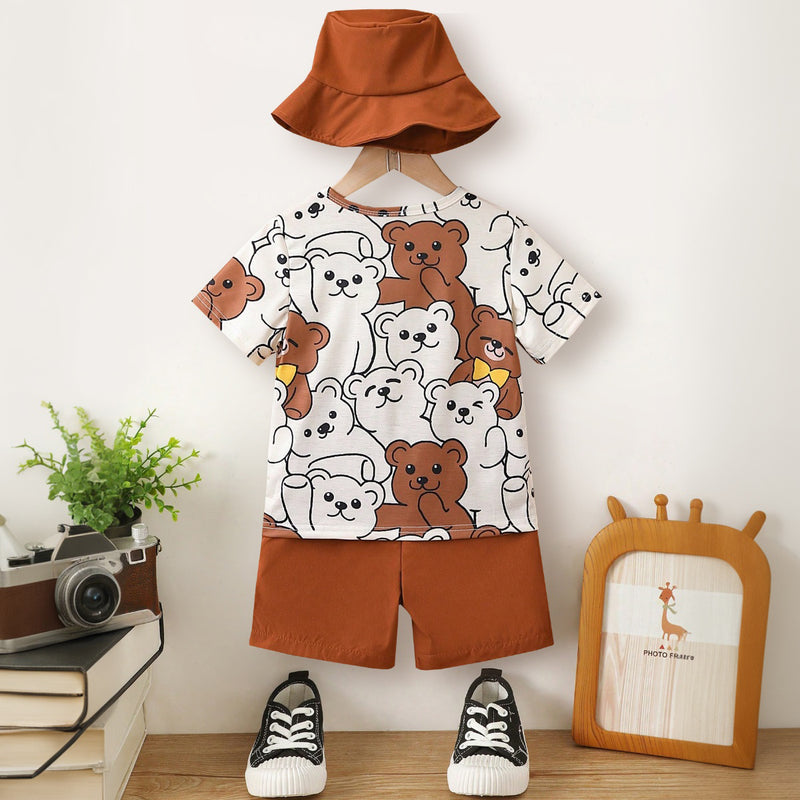 Boys Brown Animal Printed Short Sleeves T-Shirt With Hat And Shorts Set 3 pc. Sets