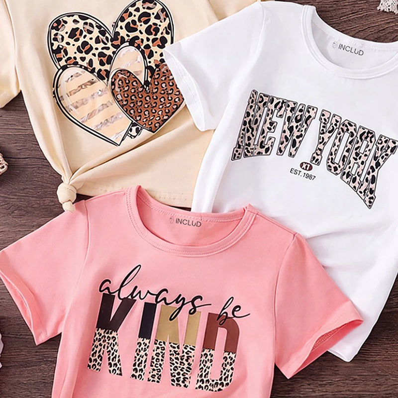 Girls Multicolour Typography Print Short Sleeve T-Shirts Pack Of 3 Tshirts