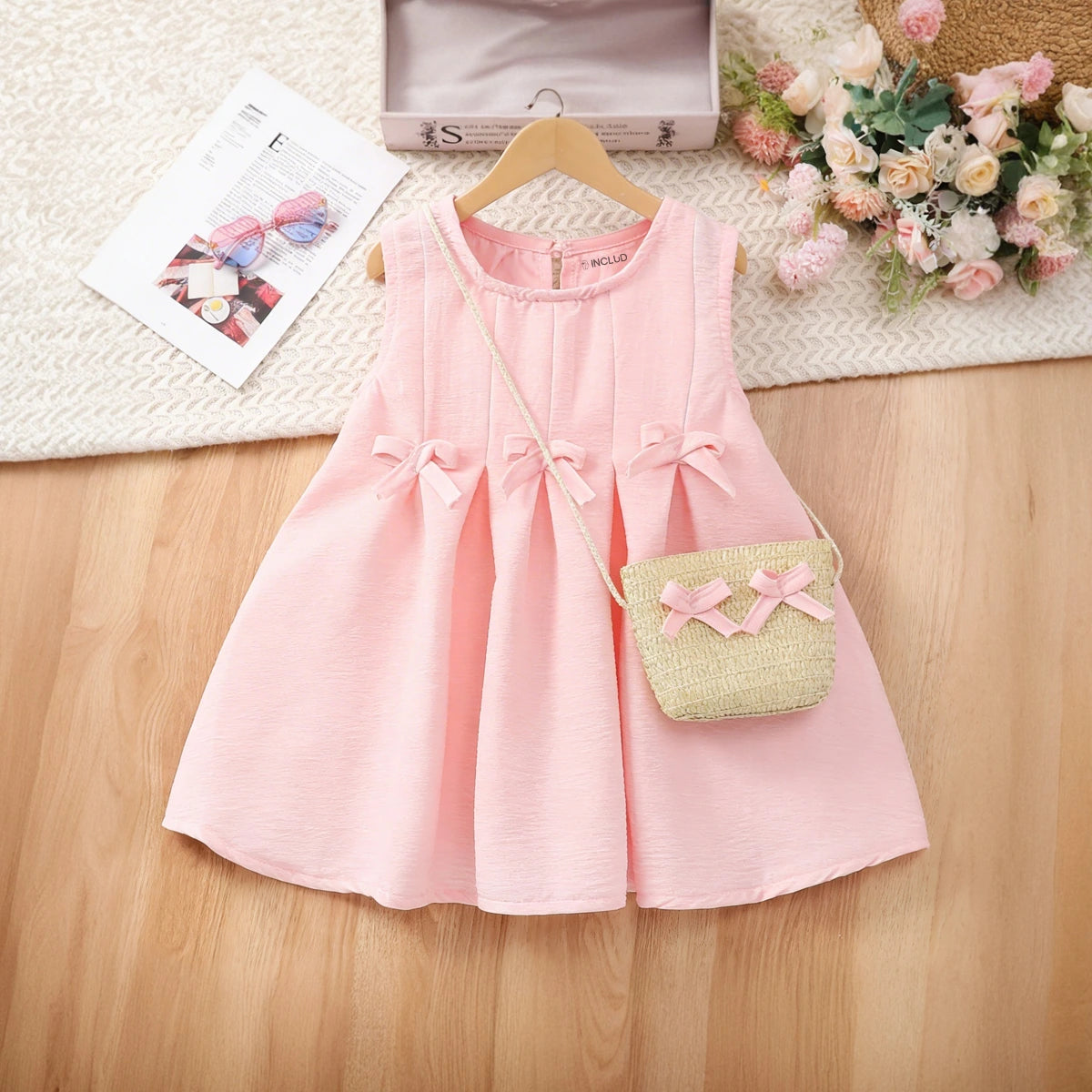 Girls Pink Pleated A-Line Dress With Sling Bag Casual Dresses Pink 1-2 Y