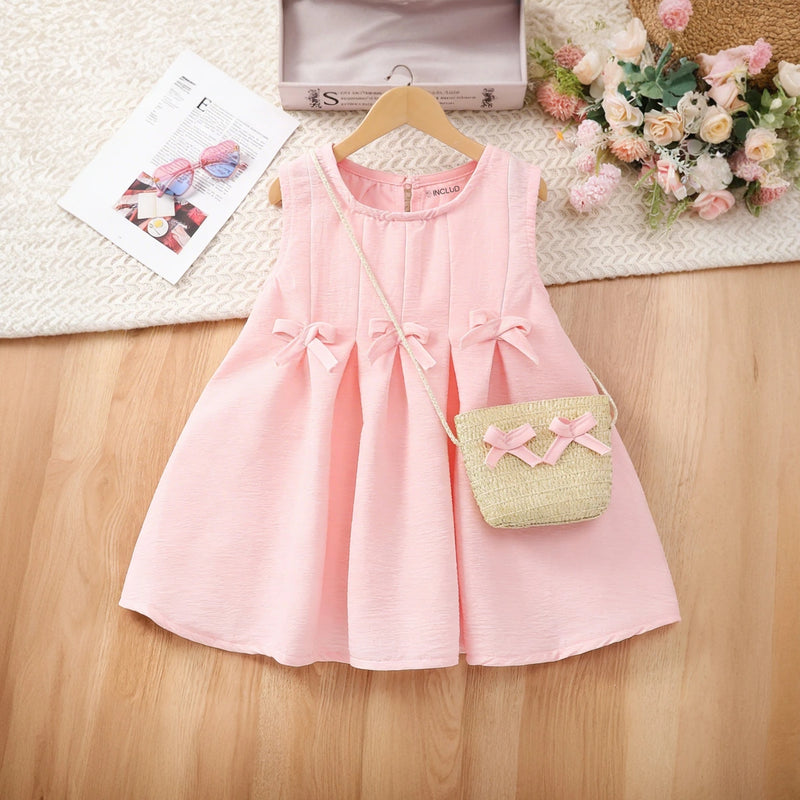 Girls Pink Pleated A-Line Dress With Sling Bag Casual Dresses Pink 1-2 Y