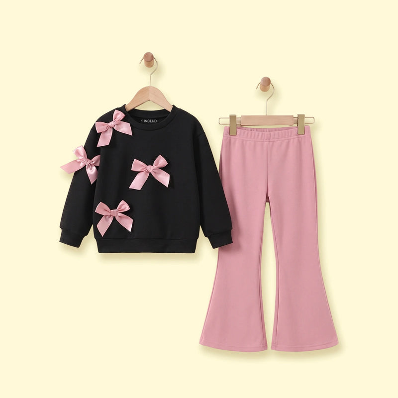 Girls Black Bow Applique Top With Flared Pants Sets 2 pc. Sets Black 3-4 Y