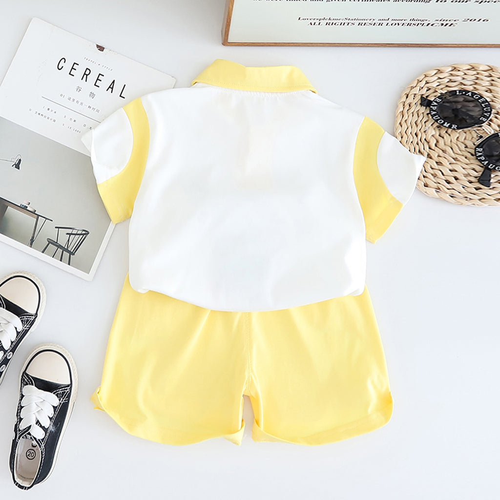 Boys Yellow Cat Applique Color-blocked Polo T-Shirt With Shorts Set 2 pc. Sets