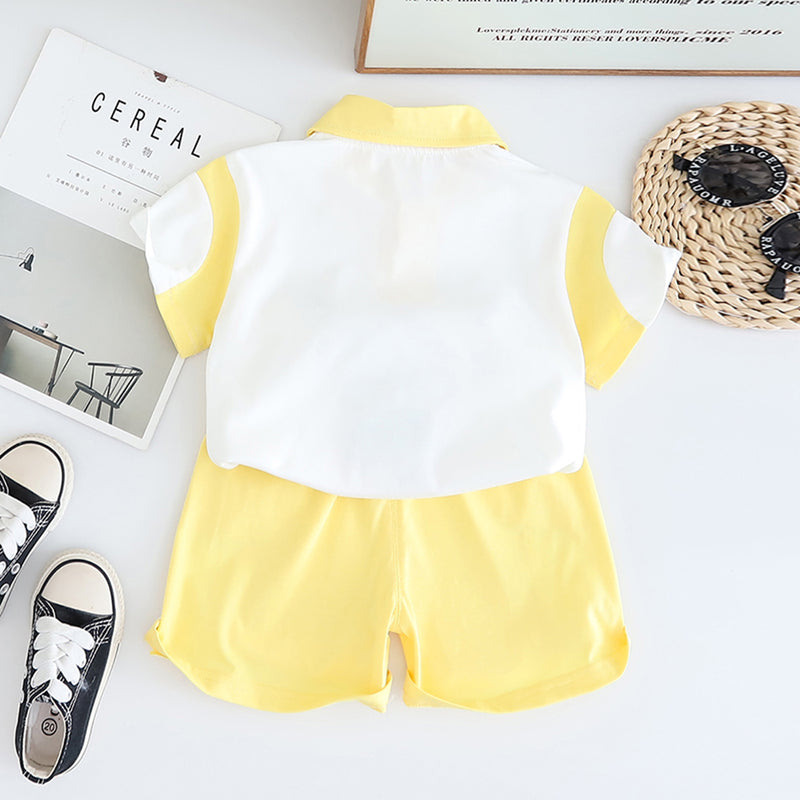 Boys Yellow Cat Applique Color-blocked Polo T-Shirt With Shorts Set 2 pc. Sets