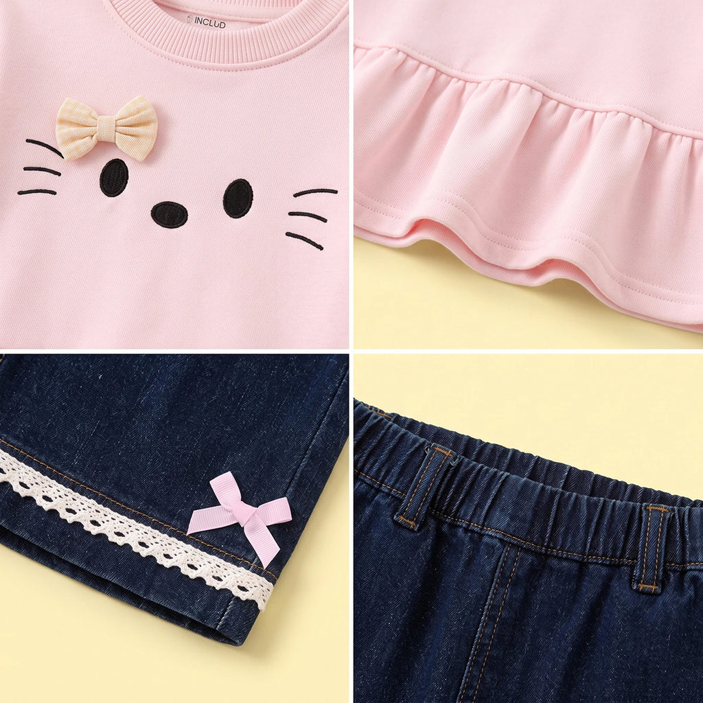 Girls Pink Graphic Peplum Top With Pants Sets Sets