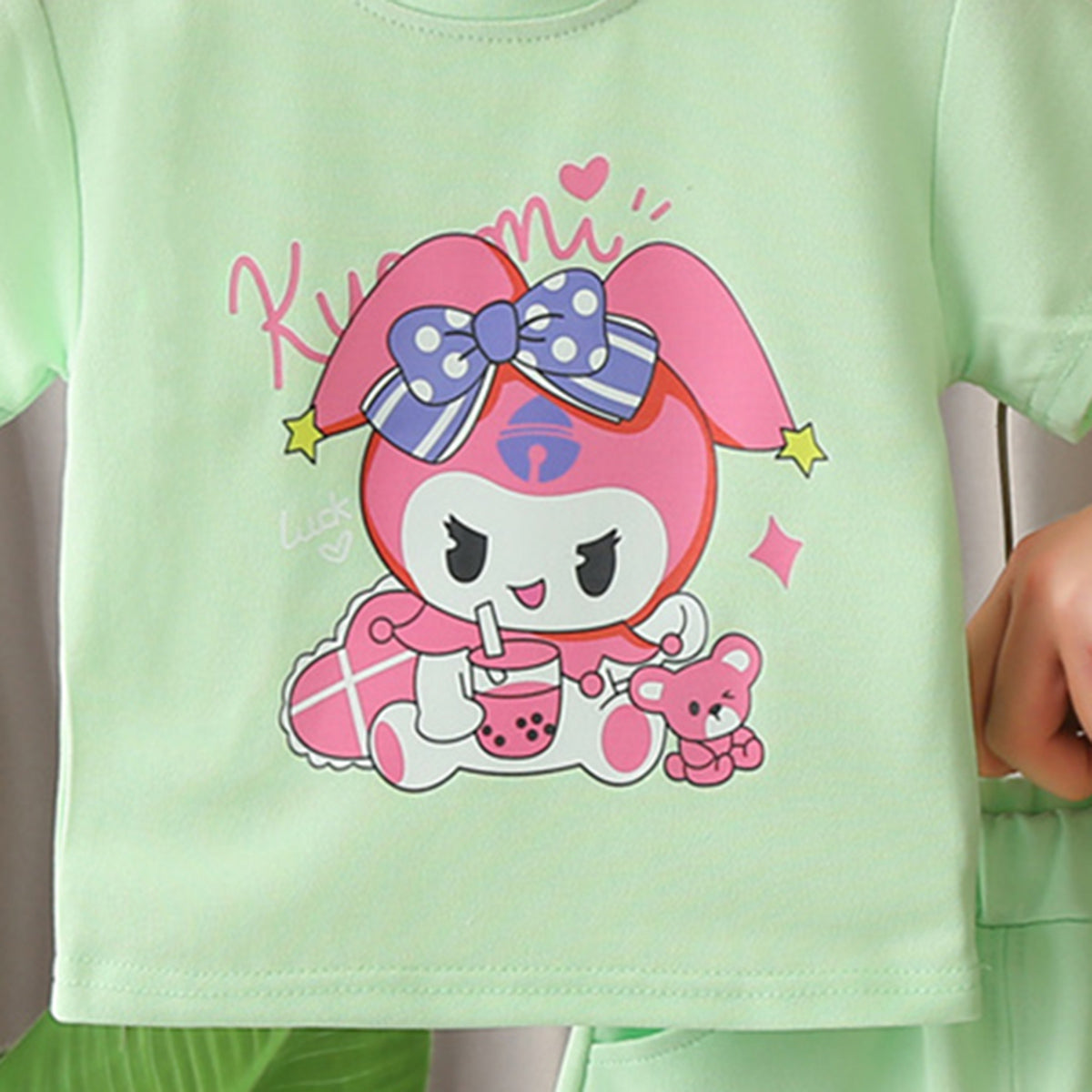 Girls Green Cartoon Printed T-shirt with Knitted Shorts Set Sets