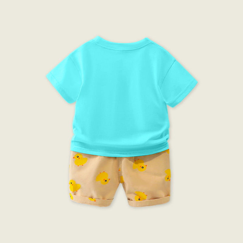 Boys Blue Short Sleeve Duck Print T-Shirt With Printed Shorts Sets   