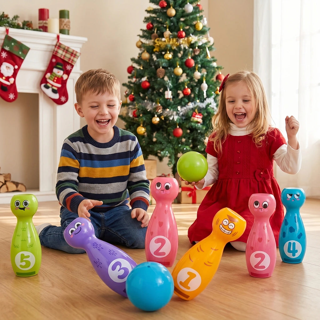 Colorful numbered bowling pins and balls for kids activity game