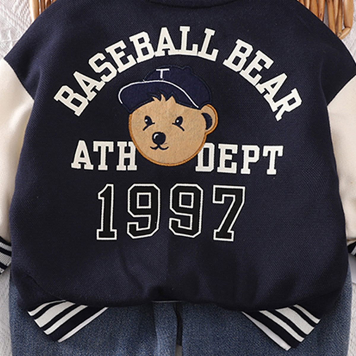 Boys Navy Blue Printed Varsity Jacket with T-shirt & Jeans Set Sets