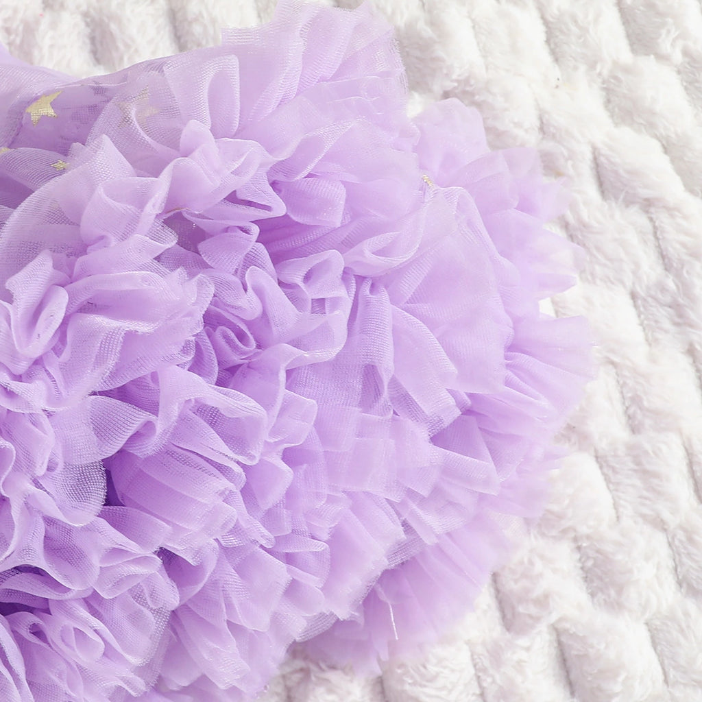 Girls Purple Graphics Crop Top With Tulle Ruffles Skirts Set Sets