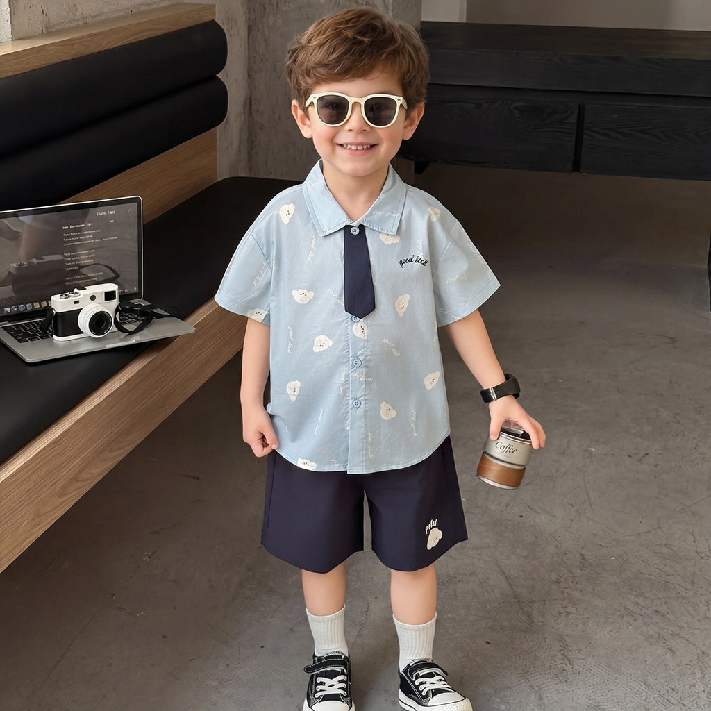 Boys Light Blue Bear Print Shirt With Shorts Sets Sets Light Blue 1-2 Y