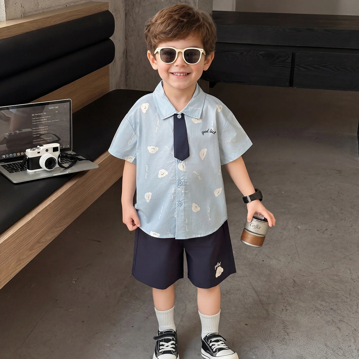 Boys Light Blue Bear Print Shirt With Shorts Sets Sets Light Blue 1-2 Y