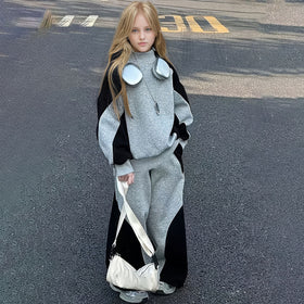 Girls Dark Grey Colorblocked High Neck Sweatshirt With Pants Sets 2 pc. Sets