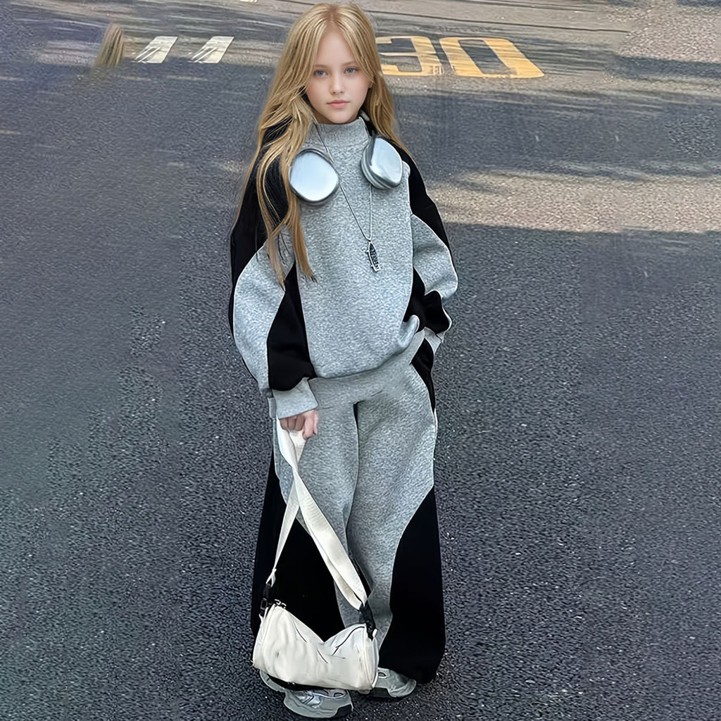Girls Dark Grey Colorblocked High Neck Sweatshirt With Pants Sets 2 pc. Sets