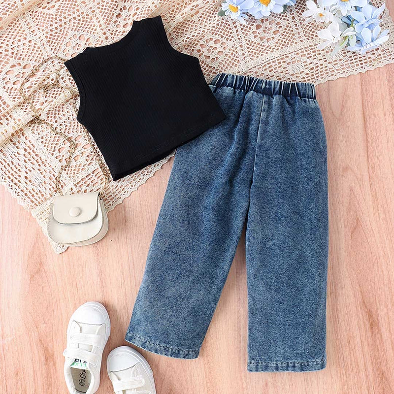 Girls Crop Top With Printed Elasticated Denims Set (Copy) Sets