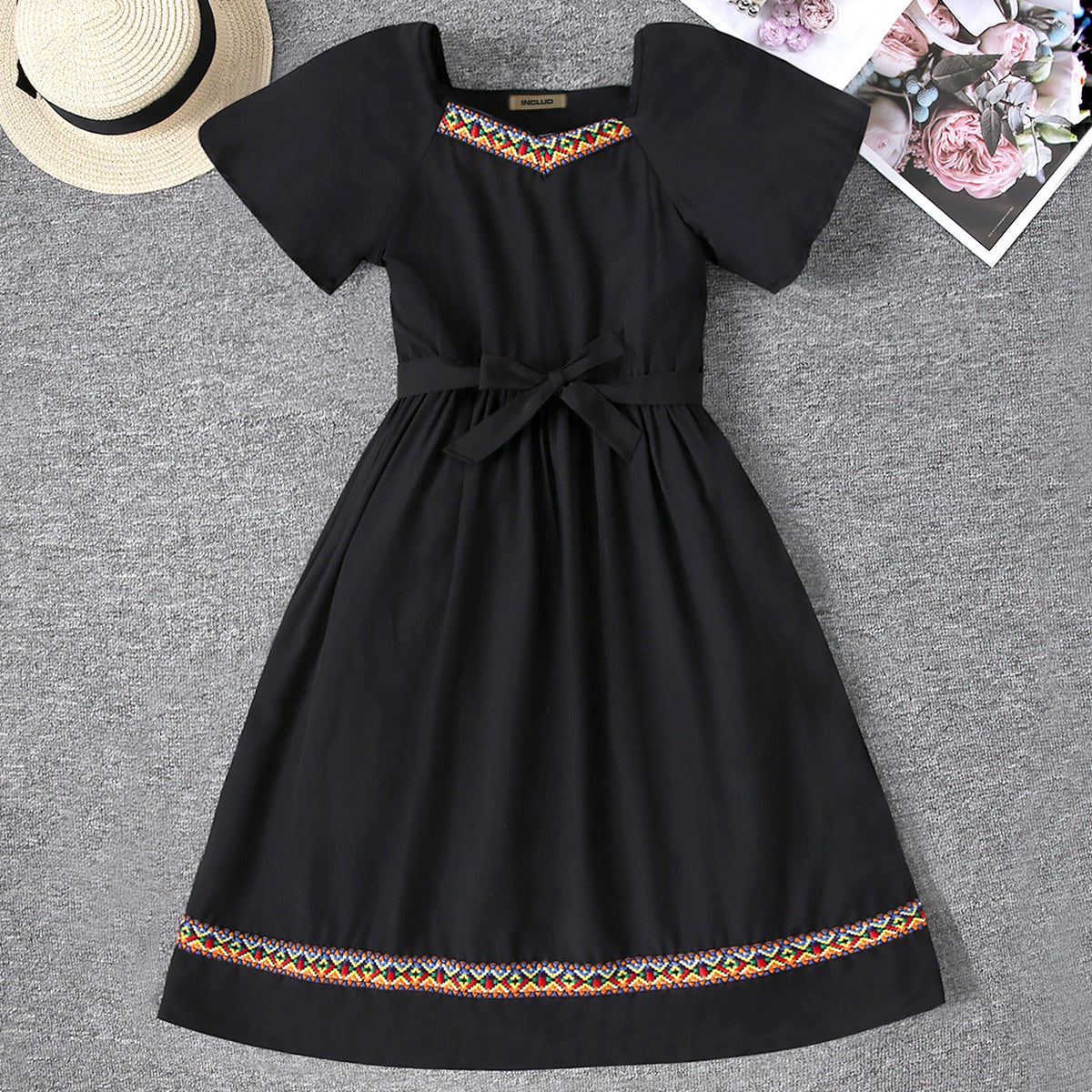 Girls Black Lace Border Fit & Flare Dress Casual Dresses Black 6-7 Y