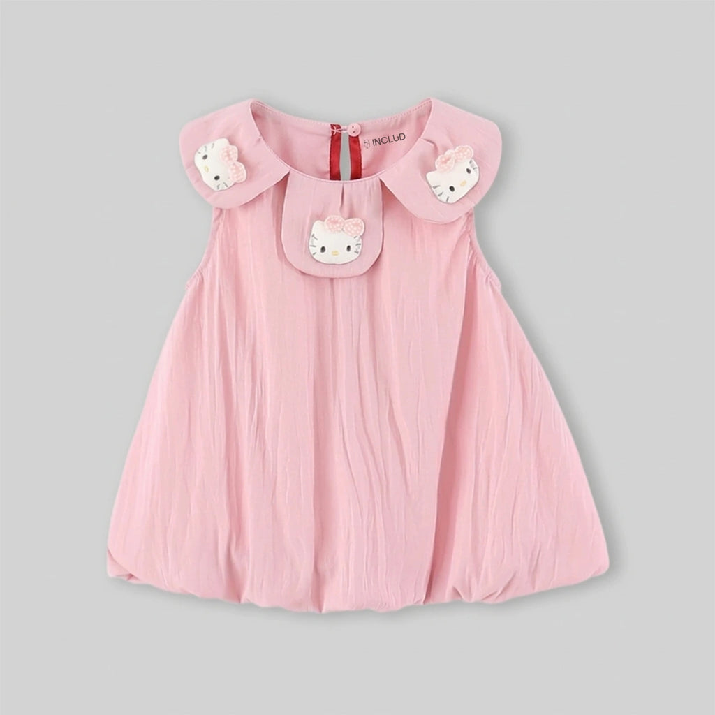 Girls Pink Kitty Applique Peter Pan Collar Balloon Dress Casual Dresses
