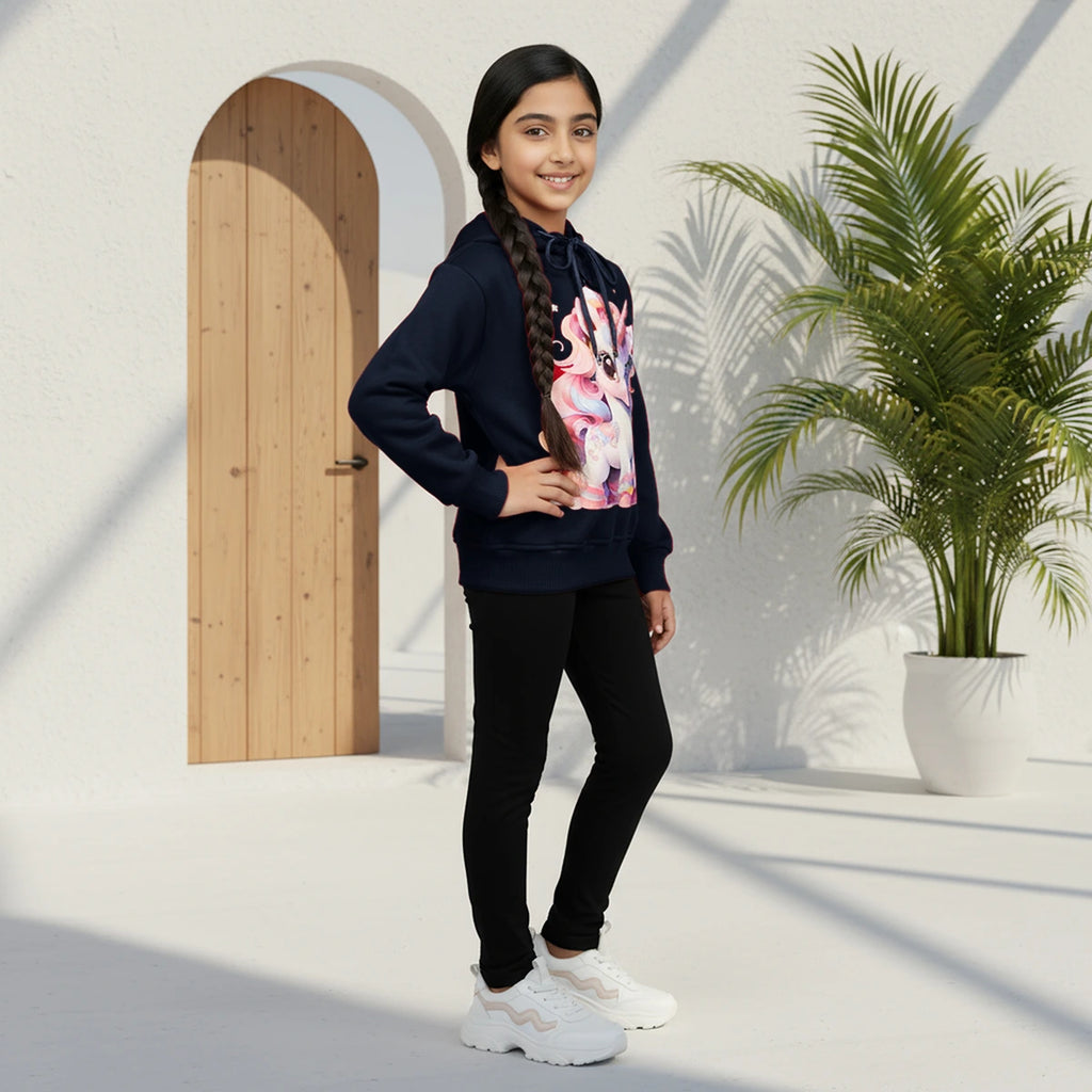 Girls Navy Blue Unicorn Graphics Hooded Sweatshirt Sweatshirts & Hoodies