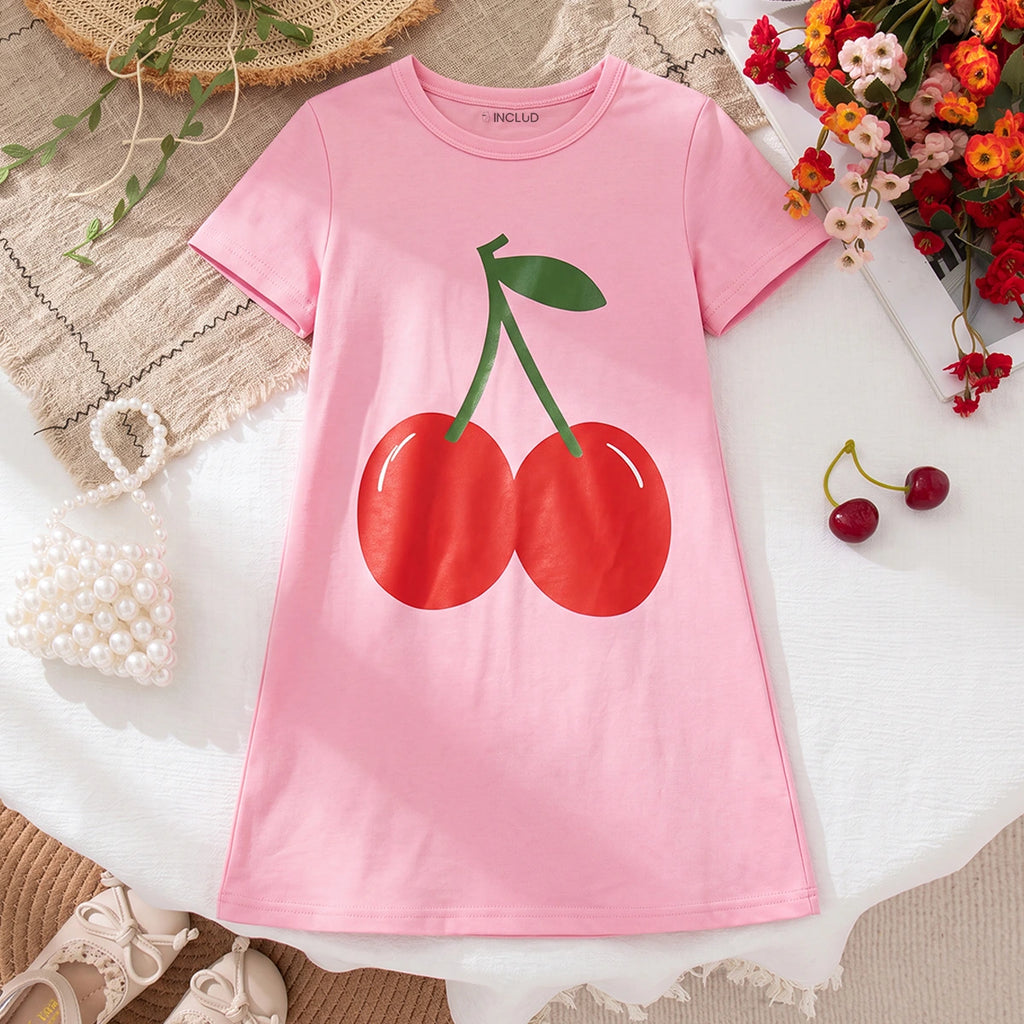 Girls Light Pink Cherry Print Short Sleeve T-Shirt Dress Casual Dresses Light Pink 3-4 Y