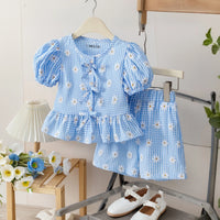 Girls Blue Floral Printed Peplum Top With Elasticated Shorts Sets 2 pc. Sets Blue 2-3 Y
